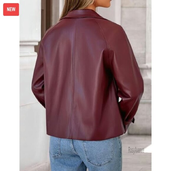 Oversized Faux Leather Motorcycle Jacket, Button Front, Moto Style - Picture 4 of 7